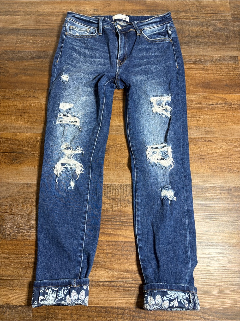 Women's Dark Blue Distressed Straight Leg Jeans with Paisley Cuff